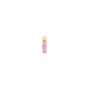 Macro shot of rectangular pink zircon pendant with minimalist 18K gold-plated bezel setting