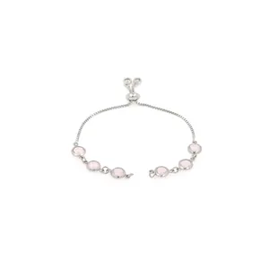 Detail of adjustable silver box chain bracelet with six round light pink crystal stones