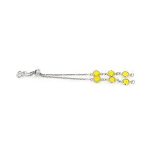 Detail of adjustable silver chain bracelet featuring six round yellow gemstones and bolo clasp