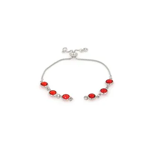 Detail of red gemstone bracelet with silver chain and adjustable sliding clasp