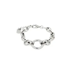 Polished silver geometric chunky link chain bracelet with a large central ring and lobster clasp