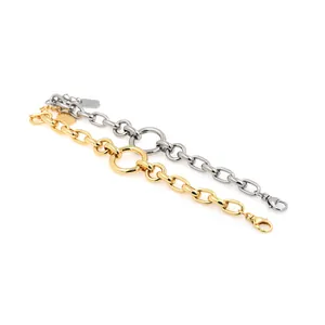 18K gold plated and silver thick link geometric chain bracelets with lobster clasp and charms