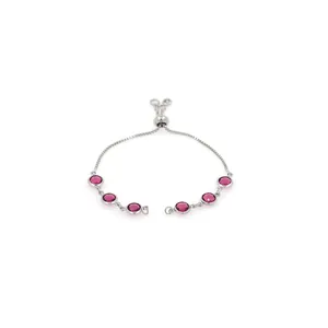 Detail of silver bolo bracelet featuring six round magenta stones and adjustable slider