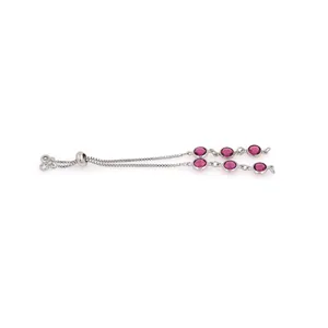 Detail of adjustable silver box chain with six round magenta gemstones and slider clasp
