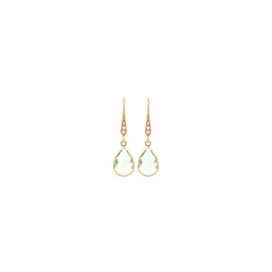 Dettaglio orecchini a goccia in oro 18K con cristalli verde chiaro e piccoli accenti rosa