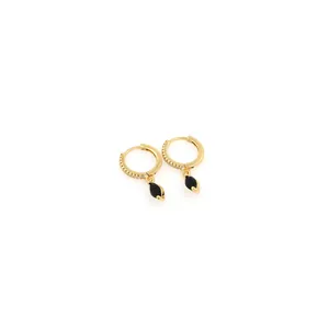 18K gold-plated hoop earrings featuring clear zircon and marquise-cut black drop charms