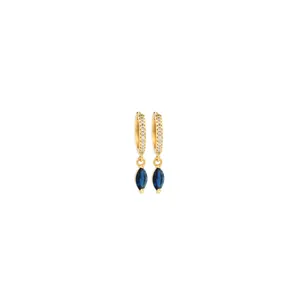 Detailed close-up of 18K gold-plated earrings with blue marquise-cut gems and zircon hoops