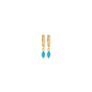 Detail of 18K gold plated hoop earrings with marquise blue stone and zircon stones