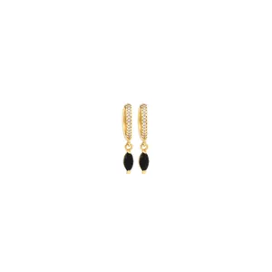Close-up of 18K gold-plated hoops featuring white zircon and black marquise-cut gems