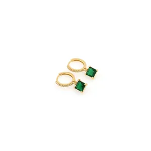 18K gold plated hoop earrings with emerald square crystals and white zircon accents
