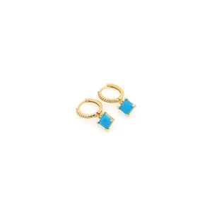 18K gold plated hoop earrings with zircon pavé and square turquoise blue gemstone drops