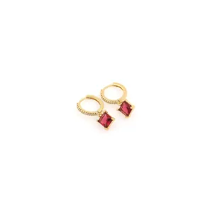 Elegant 18K gold plated drop earrings featuring square red gemstones and zircon pavé