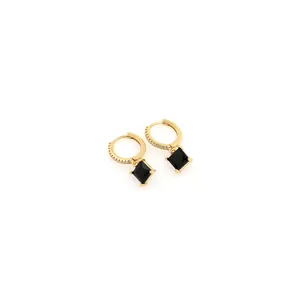 Elegant 18K gold plated huggie earrings with white zircon and black square gemstone