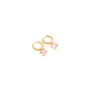Close-up of 18K gold plated hoop earrings with pink square zircon crystal drops