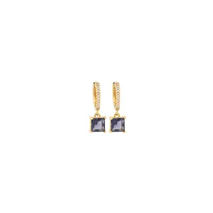 Close-up of 18K gold plated hoop earrings featuring micro-pave zircons and blue square stones