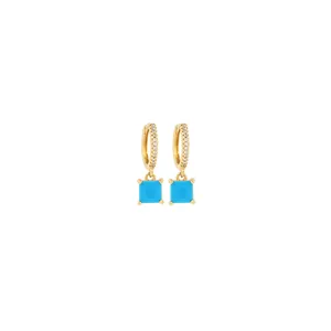 Macro view of 18K gold plated square turquoise drop earrings with micro-set zircon