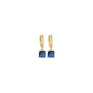 Detail of 18K gold plated hoop earrings with blue square zircon and micro pavé crystals
