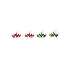 18K gold-plated crown earrings with marquise zirconia in emerald green and ruby red