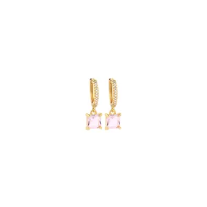 Detail of 18K gold plated hoop earrings with square pink zircon and micro-pave crystals
