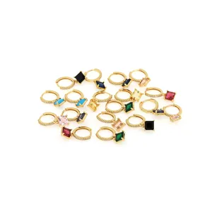 18K Gold Plated Copper Zirconia Colorful Square Gemstone Hoop Drop Earrings For Women Elegant Retro Fashion Jewelry Gift