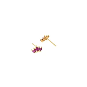 Macro view of 18K gold plated crown stud earrings with marquise cut pink zircons