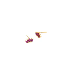 Detailed close-up of 18K gold-plated crown earrings with marquise-cut ruby red zircon stones
