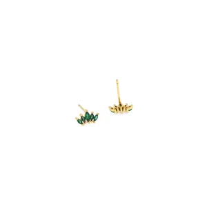 Detail of 18K gold-plated crown earrings featuring micro-set green marquise zircon stones