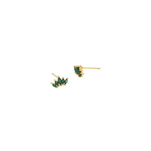 Detailed view of gold crown earrings with green marquise zircon in fan-shaped design