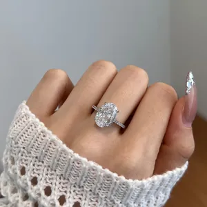 Elegant S925 sterling silver oval-cut high carbon diamond ring with pavé band for women