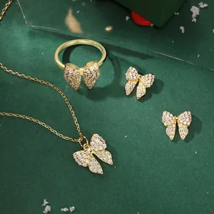 Elegant s925 silver butterfly jewelry set with zircon necklace earrings and ring