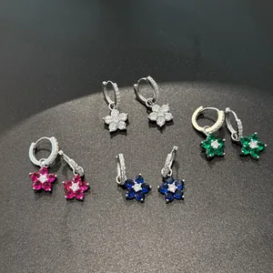 Elegant S925 silver hoop earrings with zircon studded floral pendants in four colors