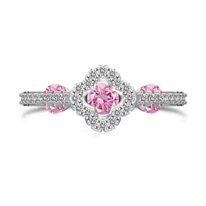 Elegant S925 silver ring with pink clover-shaped zircon stones and pavé accents