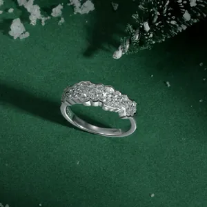 Detailed macro view of S925 sterling silver flower ring with zircon pave stones