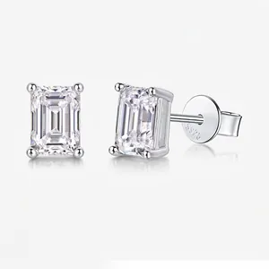 Luxury 925 Sterling Silver Moissanite Stud Earrings For Women Emerald Cut Rectangular Moissanite Fashion Jewelry Earrings