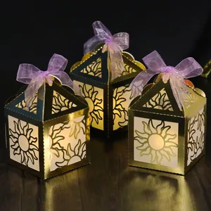 European Style Hollow Laser Cut Gold House Shape Candy Box With Ribbon Bow For Wedding Party Decoration Gift Packaging