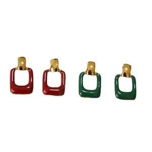 Minimalist geometric enamel earrings in red and green with 925 silver needles