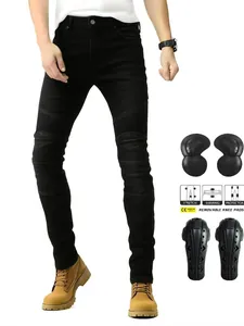Men's Motorcycle Riding Jeans Distressed Biker Denim Pants With Removable Protective Pads Retro Slim Fit Cycling Trousers