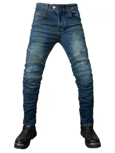 Schmal geschnittene Herren-Motorradjeans in Dunkelblau mit schützenden Akkordeon-Einsätzen