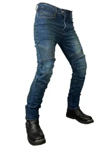 Herren Motorradjeans in Blau mit Akkordeon-Stretch-Einsätzen an Knien und Oberschenkeln