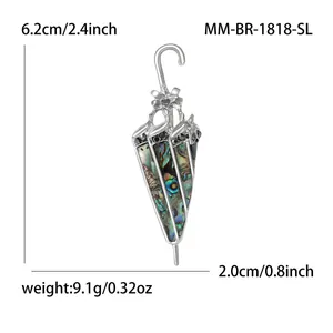 Classic umbrella brooch with colorful abalone shell inlay and size dimensions shown