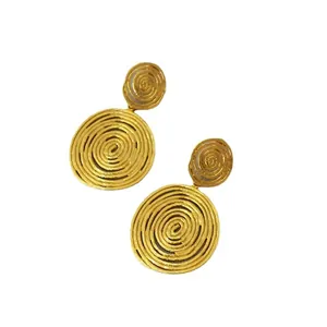 Golden double disc spiral earrings with retro concentric circle design in vintage brass