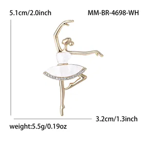 Eleganter Gold-Ballerina-Brosche mit weißer Emaille und Strass inklusive Maßen