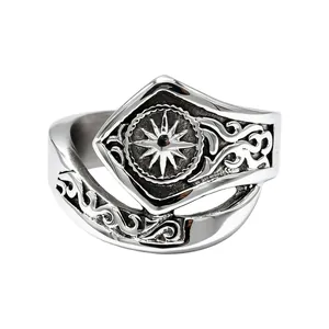 Retro stainless steel dagger sun ring for men with black stone and hollow carvings