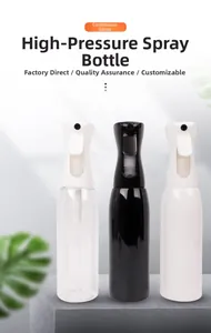 Detailed view of high-pressure continuous spray bottles in black, white and clear finishes