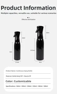 Macro detail of black PET continuous spray bottles showing precise size and material