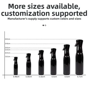 Size chart showing six dimensions for 200ml continuous fine mist spray bottles in black