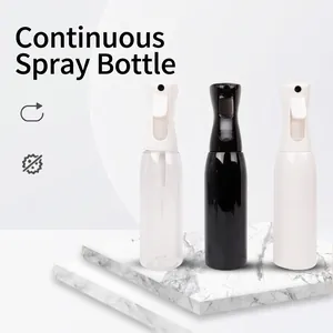 Set of 200ml continuous fine mist spray bottles in black, white, and clear for hair and salon