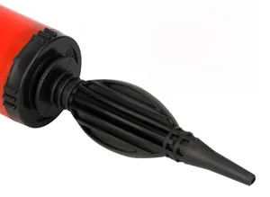 Detail of the unique pneumatic nozzle design on manual balloon pump in red and black