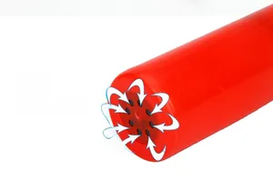 Macro detail of red plastic balloon pump air intake with blue airflow arrows