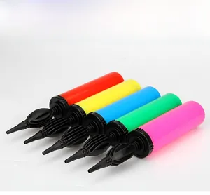 Set of five colorful plastic manual balloon pumps in red, yellow, blue, green and pink